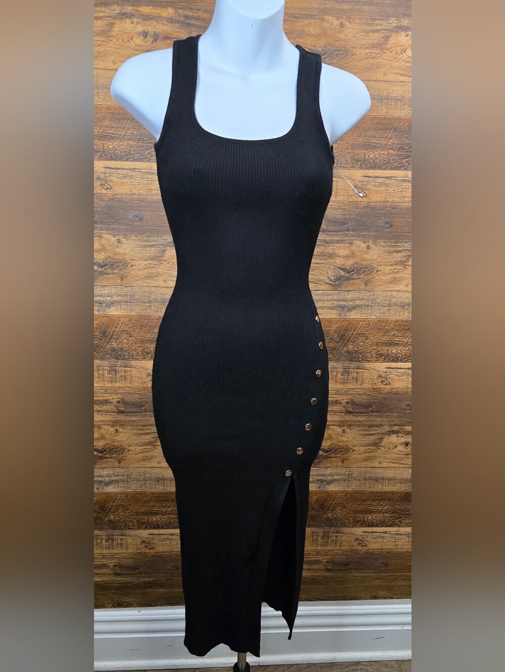Windsor Black Ribbed Tank Maxi Dress with Side Button Slit